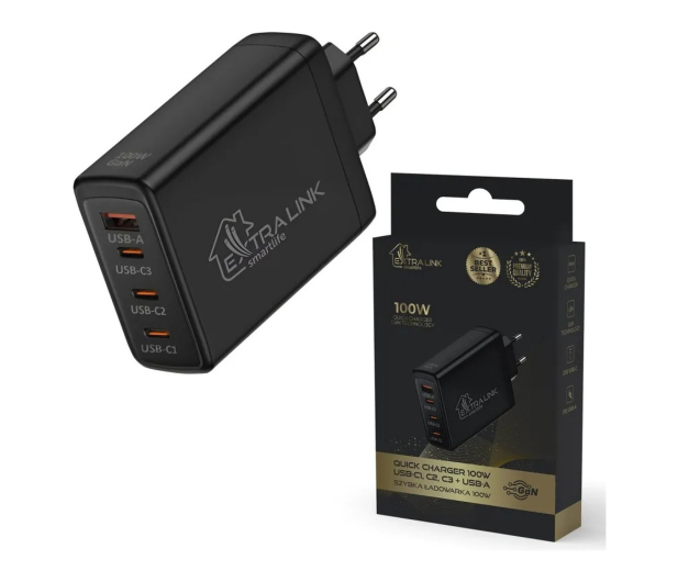 ExtraLink SMART LIFE GAN CHARGER 100W, 3xUSB-C+USB-A, BLACK, CHARESL01 - 1570043 - zdjęcie